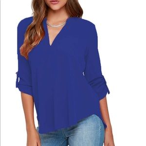 Women's Loose Solid Chiffon Blouses V Neck Cuffed